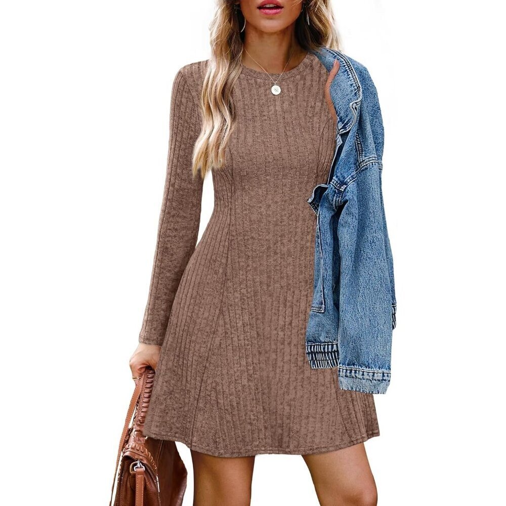 Fall Sweater Dress Women Long Sleeve Crew Neck A-Line Casual Work - Picture 4 of 5